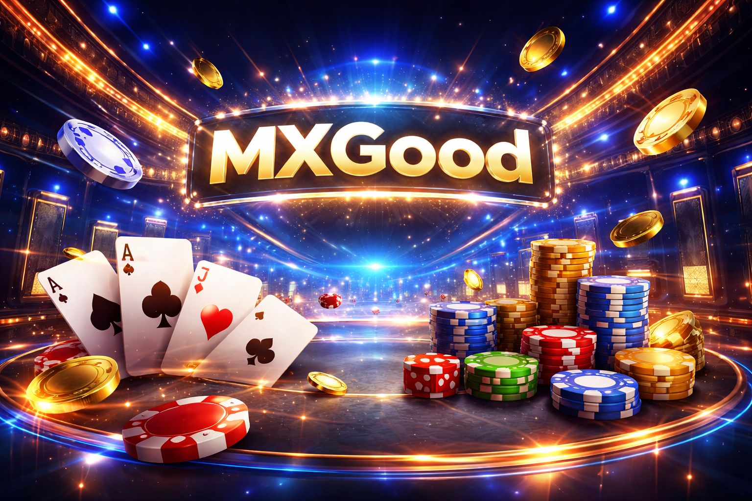 Una vibrante configuración de juegos MXGood con cartas, dados, fichas y detalles de neón brillantes en una escena moderna estilo casino.