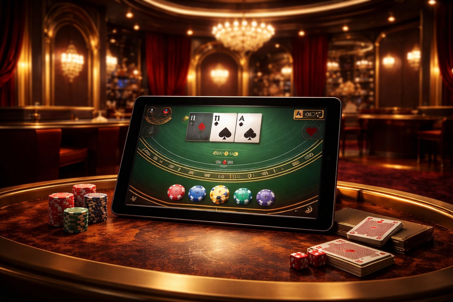 Una escena elegante de estudio de casino en vivo con una tableta mostrando juego de cartas, iluminación brillante en la mesa y un entorno digital pulido para juegos.