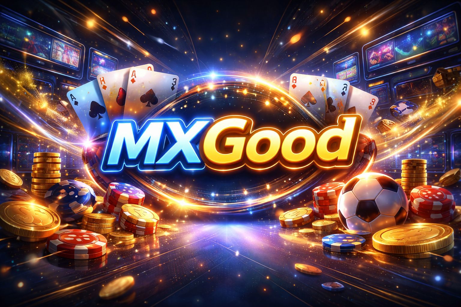 Una vibrante escena digital de juegos con MXGood mostrado en un letrero brillante, rodeado de cartas, fichas, monedas y visuales deportivos.