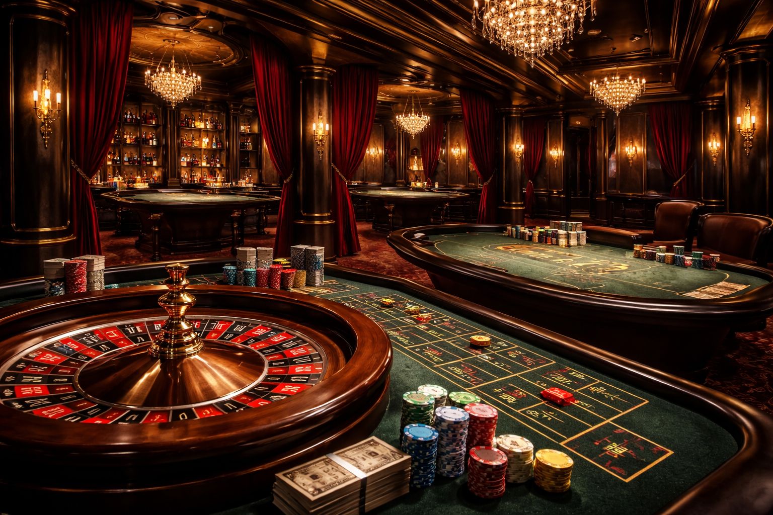 Una configuración pulida de juegos en mesa en vivo con cartas, elementos de ruleta y una atmósfera premium de casino digital para MXGood.