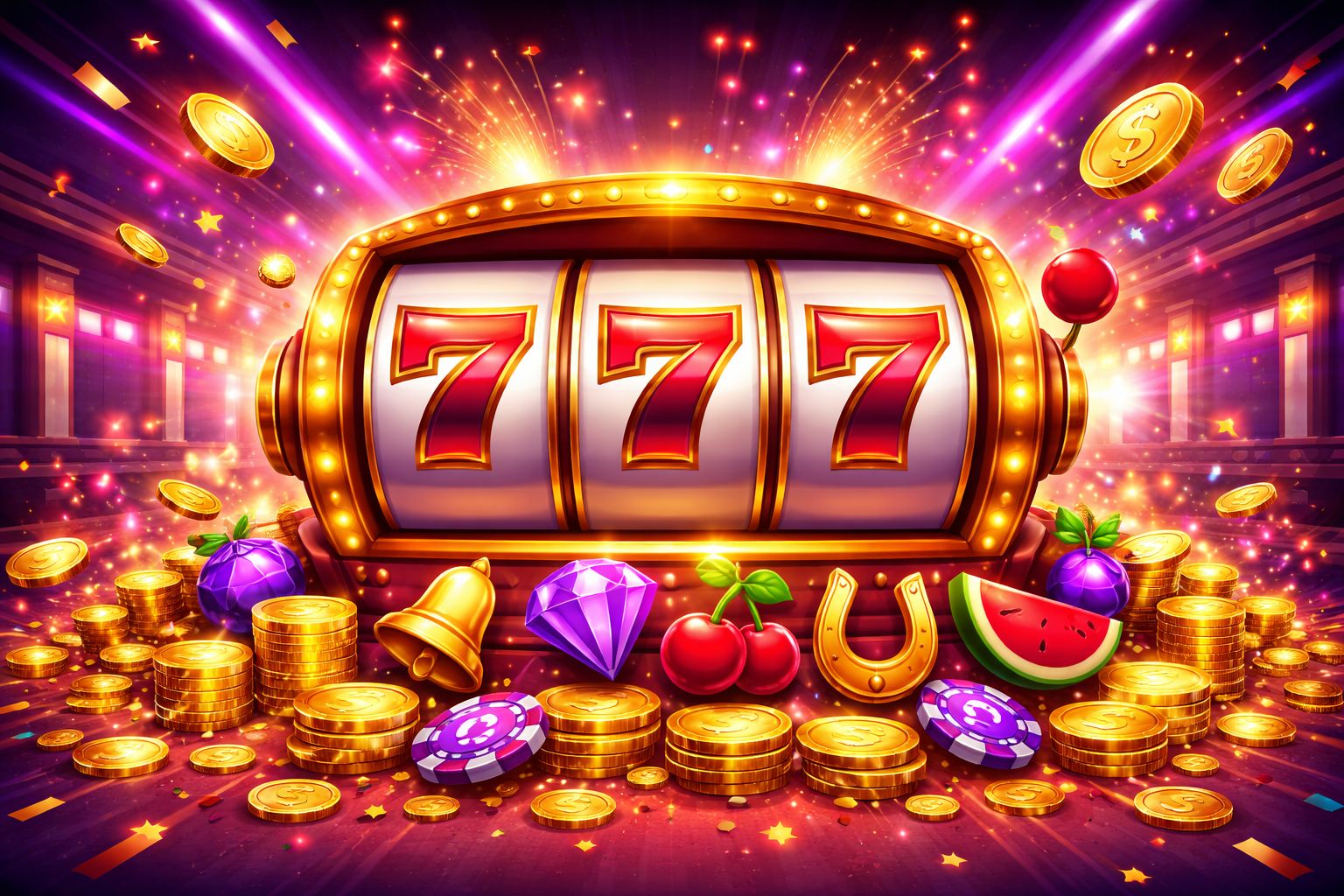 Una interfaz brillante de estilo tragamonedas con carretes giratorios, monedas y efectos de celebración en la plataforma MXGood.